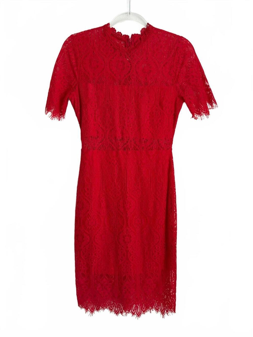 Lulus | Short Sleeve Red Lace Embroidered Midi Dress Size S
